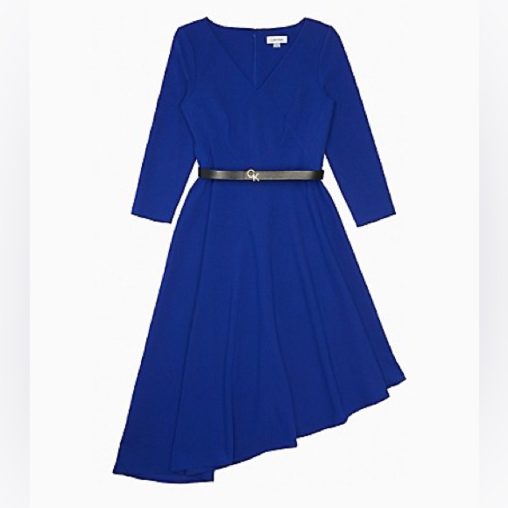 Calvin Klein V-neck 3/4 Sleeve Belted Asymmetric Dress Royal Blue - Size 8